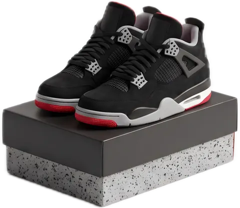 A pair of Jordan 4 Retro Bred sneakers on their box